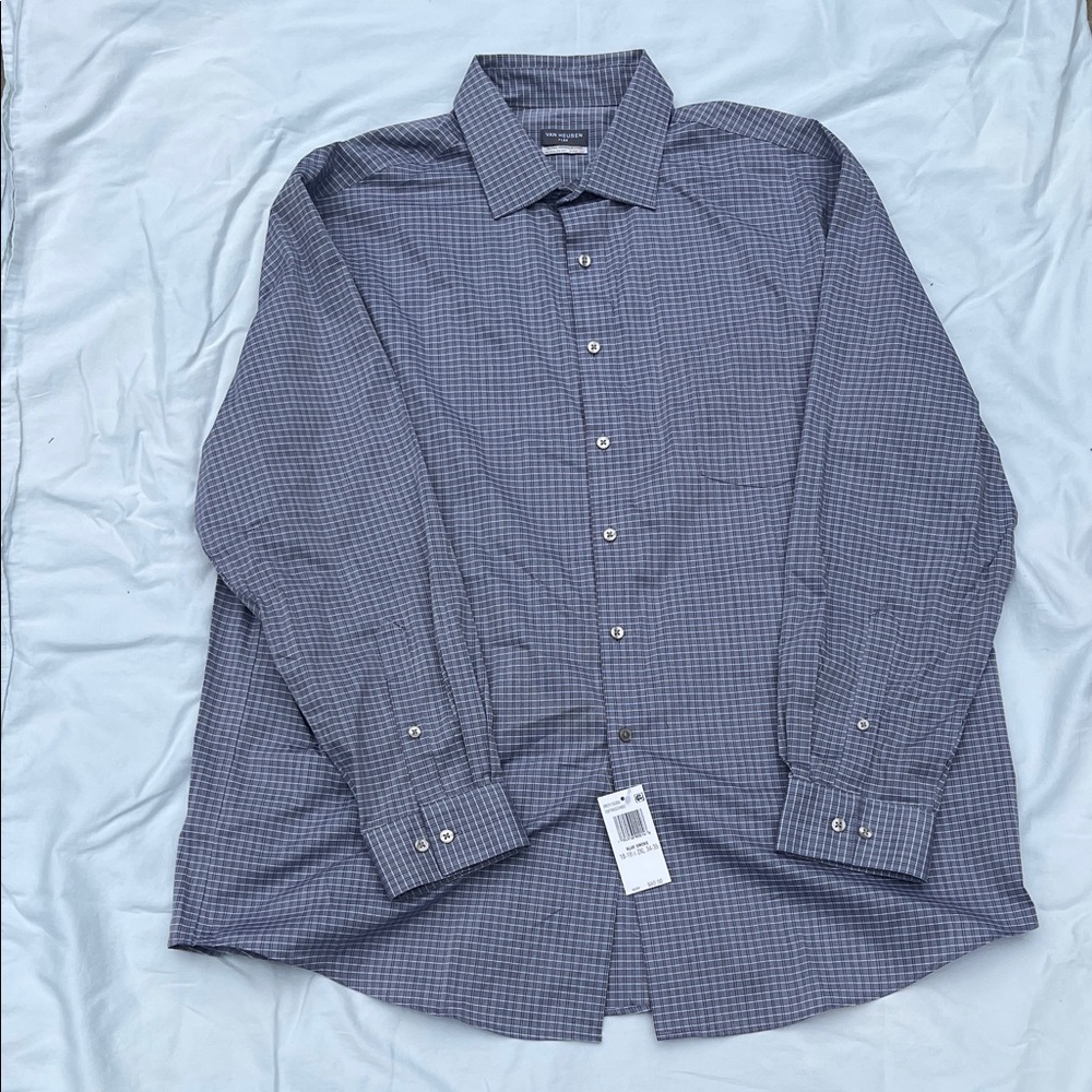 Van Heusen Tailored Men's Gray Blue Check Dress Shirt XXL 18-18.5 34/35